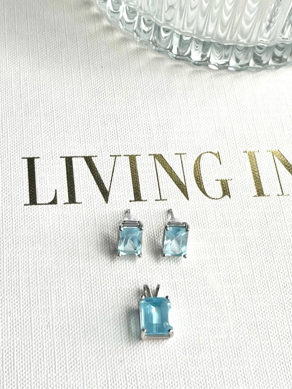 14K White Gold Blue Gemstone Emerald Cut Stud Earrings Pendant 3 pc Jewelry Set
